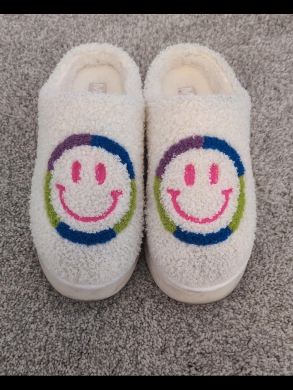 MIA Cream Fuzzy Slip-On Slippers with Smiley